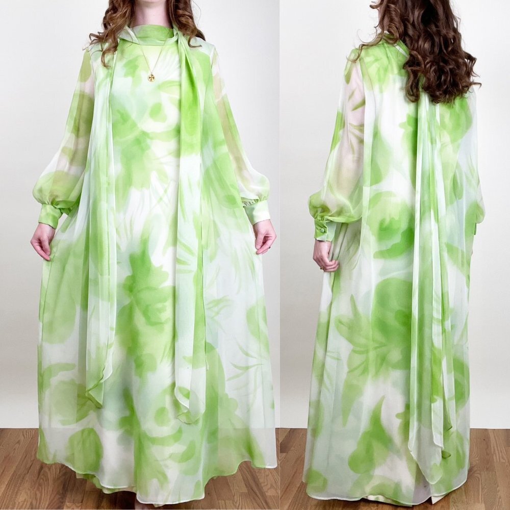 Vintage Union Made 70's Chiffon Kaftan Maxi Dress Hippie Boho Bohemian Shift 70s